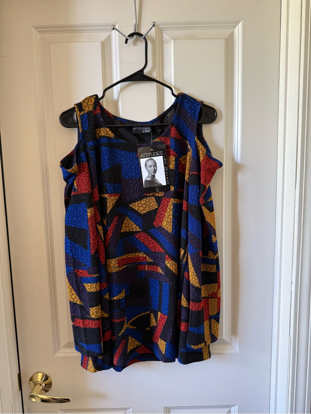 Attitudes by Renee Multicolor Geometric Cold-Shoulder Tank Top - Blue, Red, Gold